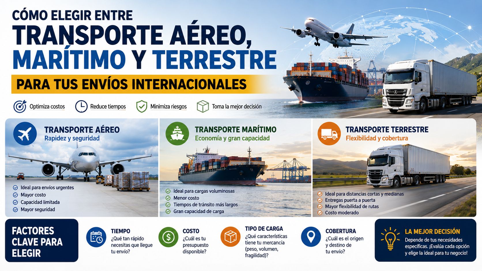 Comparación de transporte aéreo, marítimo y terrestre para envíos internacionales, analizando costos, tiempos de entrega, capacidad de carga y logística empresarial.