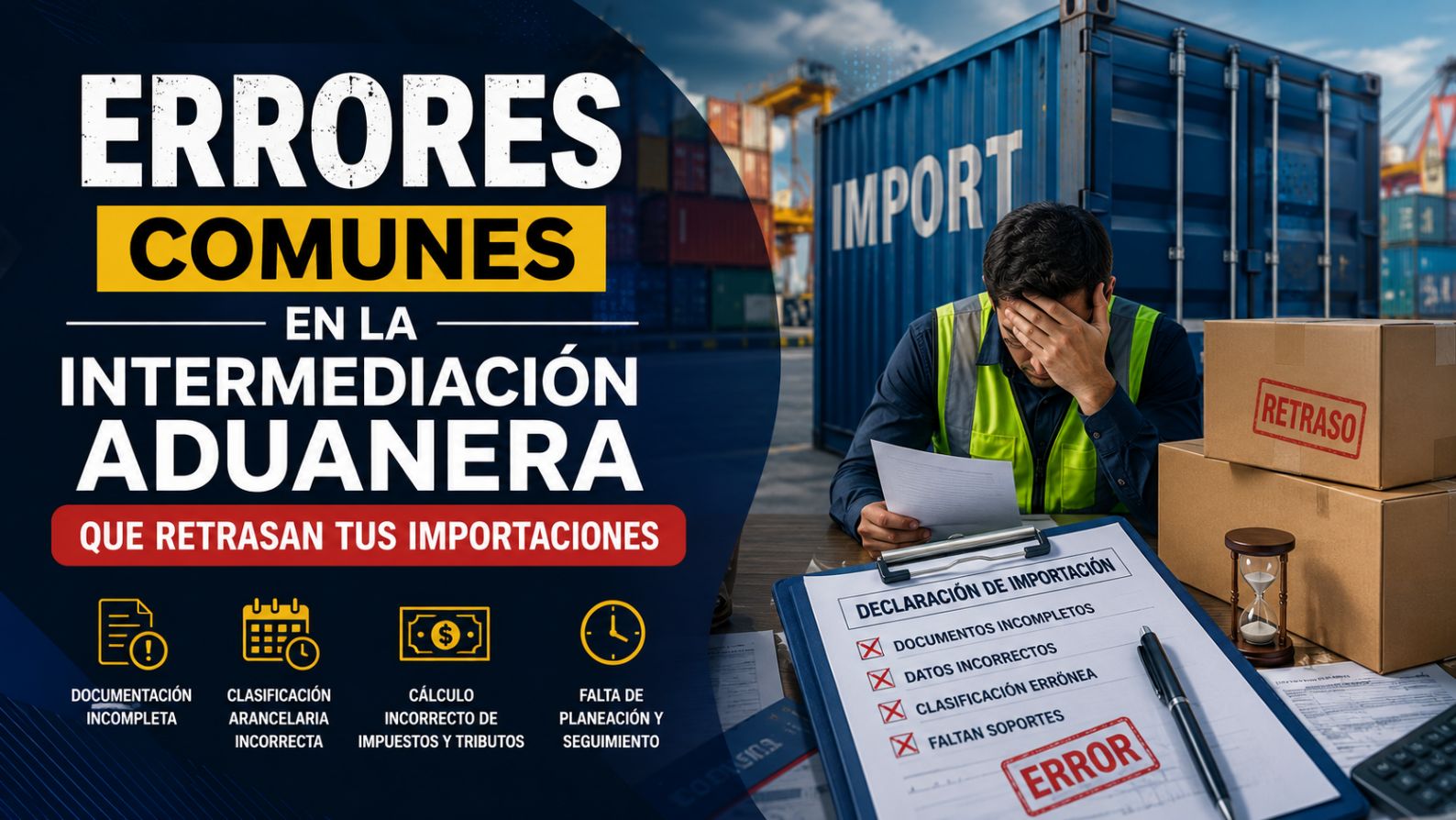 Errores comunes en la intermediación aduanera como documentación incompleta, clasificación arancelaria incorrecta y fallas que generan retrasos en importaciones.