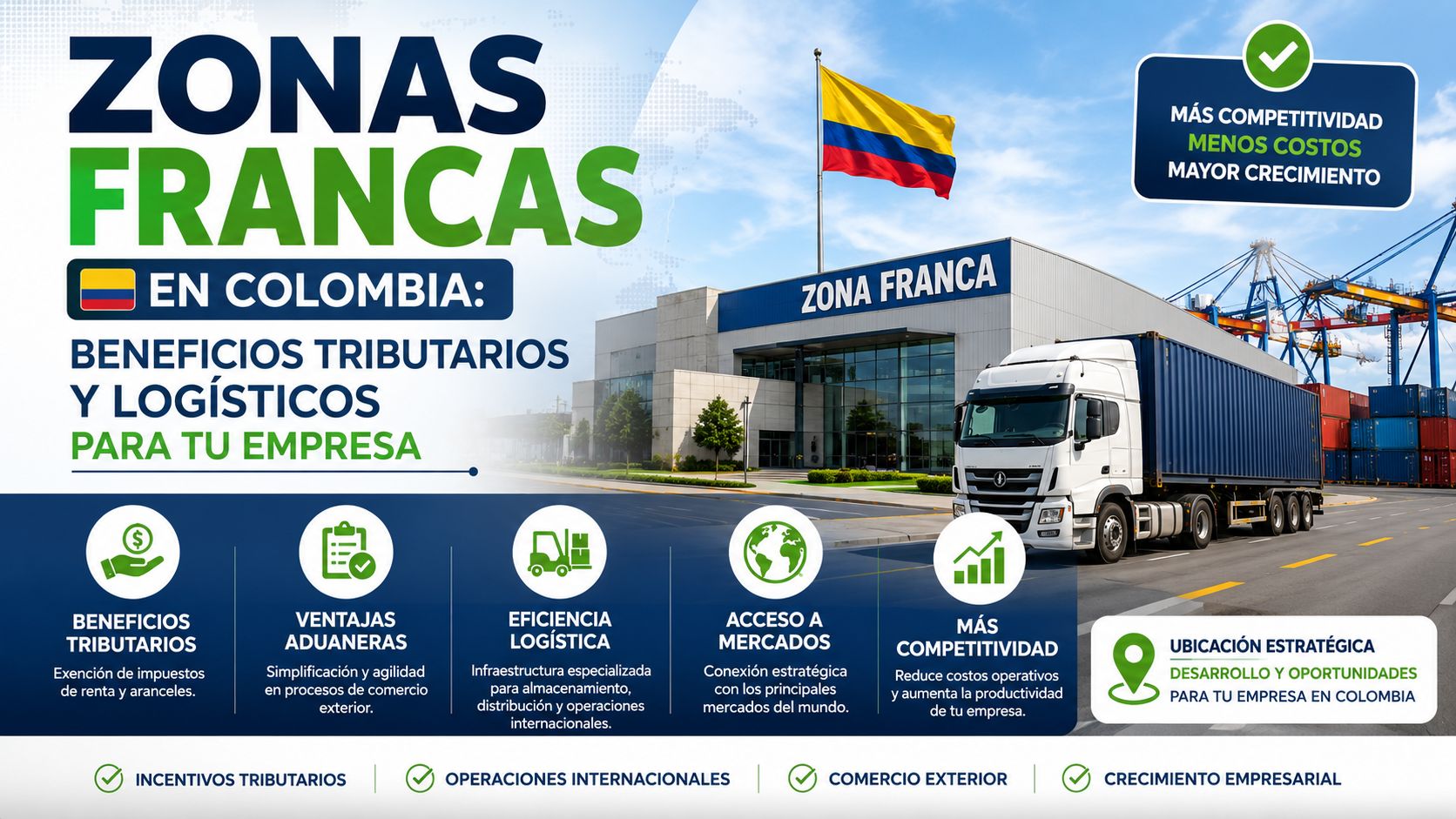 Zonas francas en Colombia con beneficios tributarios, ventajas logísticas, comercio internacional, almacenamiento y oportunidades para empresas importadoras y exportadoras.